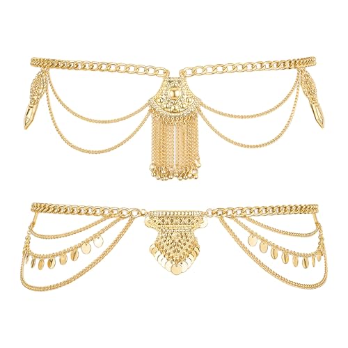 BRBASAP 2 PCS Belly Dancer Waist Chain Vintage Layered Gold Silver Tone Body Jewelry Egyptian Beaded Belt for Women Dancing Beach Bikini Dress Accessories