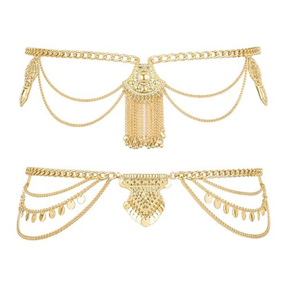 BRBASAP 2 PCS Belly Dancer Waist Chain Vintage Layered Gold Silver Tone Body Jewelry Egyptian Beaded Belt for Women Dancing Beach Bikini Dress Accessories