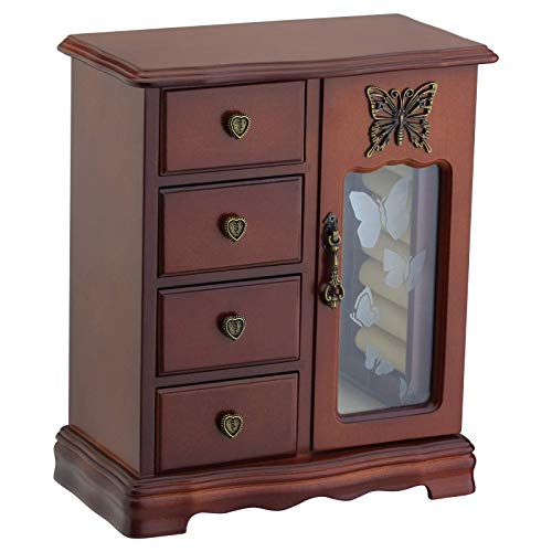 RR ROUND RICH DESIGN Solid Wood Jewelry Box for Women - Vintage Butterfly Glass Door Jewelry Armoire with Mirror, 4 Drawers & Rotating Necklace Carousel Brown - color: Brown