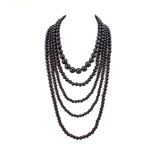 Multilayer Strand Chain Faux Pearls Flapper Beads Cluster Long Choker Necklace - color: Black