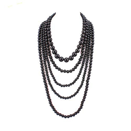 Multilayer Strand Chain Faux Pearls Flapper Beads Cluster Long Choker Necklace - color: Black