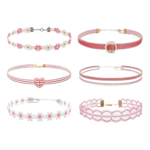 Black Choker Necklace Set Velvet Lace Choker Daisy Gothic Punk Classic Choker - color: 6pcs-pink