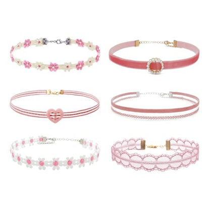 Black Choker Necklace Set Velvet Lace Choker Daisy Gothic Punk Classic Choker - color: 6pcs-pink