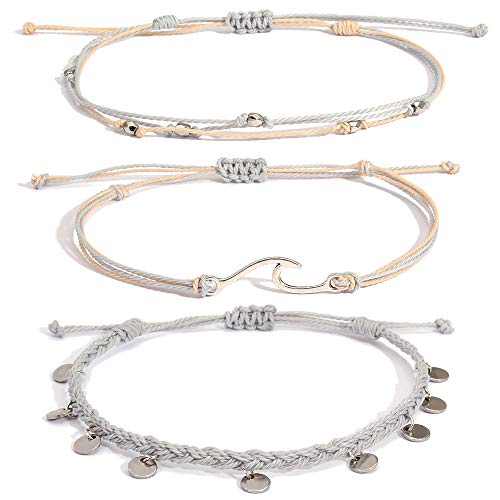 Waterproof String Anklets Cute Beaded Ankle Bracelets Beach Wave Anklet Stainless Steel Coin Boho Ankle Jewelry for Women - color: Light Grey