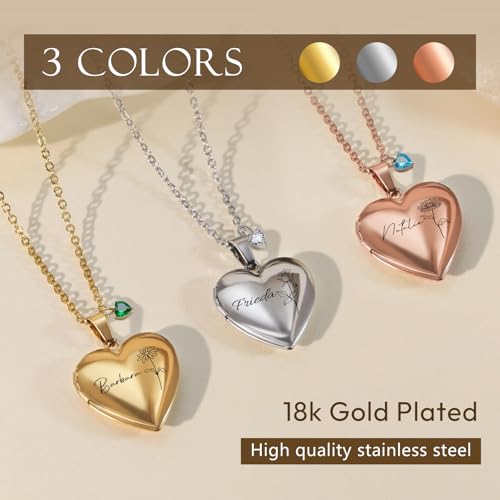 Personalized Heart Locket Necklace Customize Photo 925 Sterling Silver Picture Locket Necklace for Women Girls kids Engraved Birth Flower and Text Birthday Christmas Gifts for Women Girls Kids - color: Rose gold