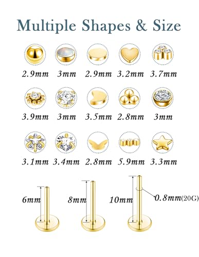 Threadless Push in Nose Studs Rings Stainless Steel Flat Back Earrings Labret Monroe Lip Rings for Women Men Cartilage Helix Conch Tragus Piercing Jewelry 6mm 8mm 10mm Silver Gold Tone - color: Gold, size: 20G(0.8mm)