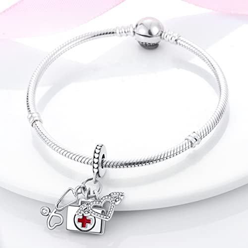 925 Sterling Silver Charm for Bracelet Necklace Women Dangle Pendant Beads | Love Faith Mom Ocean travel Butterfly Party Charm Beads Pendants DIY Jewelry Gift - color: Stethoscope First Aid Kit Pendant