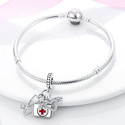 925 Sterling Silver Charm for Bracelet Necklace Women Dangle Pendant Beads | Love Faith Mom Ocean travel Butterfly Party Charm Beads Pendants DIY Jewelry Gift - color: Stethoscope First Aid Kit Pendant