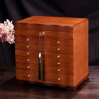 Solid Wood Jewelry Box w/Lock, 9-Layer Large Storage Organizer | Wooden Jewelry Cabinet for Women, 100+Compartments Armoire, Velvet Lining Drawers, Wavy Curved Glossy Brown Rustic Gift - style: Rustic