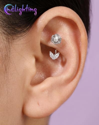 Melighting 16G Flower Rook Piercing Jewelry Marquise Stainless Steel 316L | Delicate Floral Leaf Design, 5A Grade Cubic Zircon, Dainty Eyebrow Piercing - color: Steel, size: 16g6mm