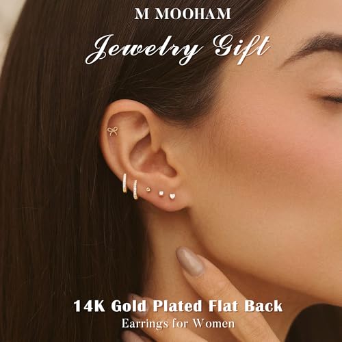 M MOOHAM 9 Pairs Flat Back Earring Stack Set for Women Teen Girls | Hypoallergenic Earrings, 14K Gold Plated Huggie Hoop Stud Earring, Small Cute Bow Cartilage Earrings, Trendy Jewelry Gifts - color: 14K Gold Plated