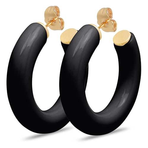 Gold Plated Multicolor Resin Chunky Thick Open Hoop Earrings in 57MM and 37.5MM Diameters - color: Black - Glossy Finish, size: 37.5MM (1.48") Diameter