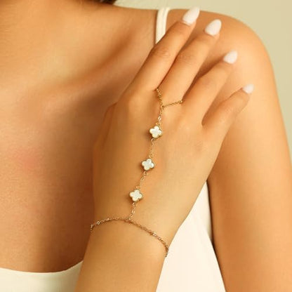 Hand Chain Bracelets for Women 14K Gold Plated Dainty Link Bracelet Bracelets Trendy Ring Bracelet Birthday Jewelry Gifts for Women - style: White Clover