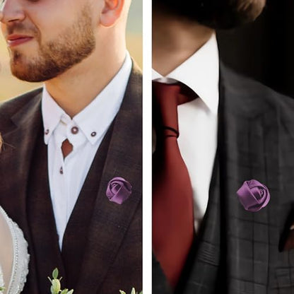 10Pcs Rose Boutonniere Lapel Pin for Men Purple Flower Lapel Pin for Men Suits Handmade Rose Corsage Satin Flower Outfit Accessories Groom Groomsman Wedding Brooch for Husband Brother