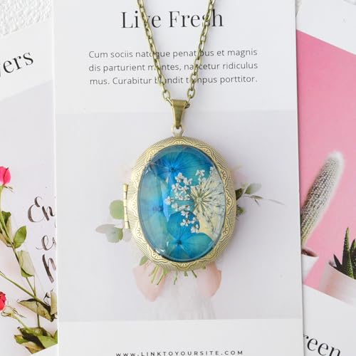 Vintage Photo Locket Necklace Handmade Pressed Flower Locket Necklace for Women - style: Blue Hydrangea(1.53"x 1.85")