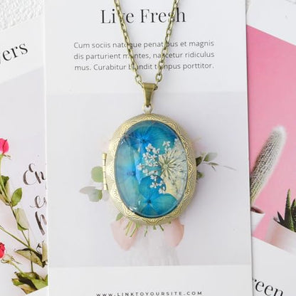 Vintage Photo Locket Necklace Handmade Pressed Flower Locket Necklace for Women - style: Blue Hydrangea(1.53"x 1.85")