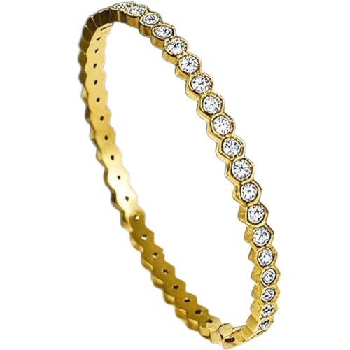 Jude Jewelers 4mm Width Stainless Steel Classic Bee Nest Hexagon Pattern CZ Stones Filled Bangle Bracelet - color: Gold