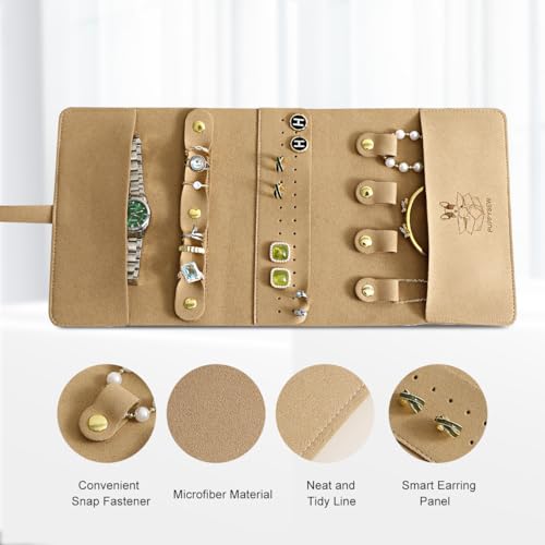 Microfiber Travel Jewelry Storage Roll Jewelry Storage Bag Jewelry Roll Suitable for daily and travel use, large capacity, light and easy to carry (Khaki)