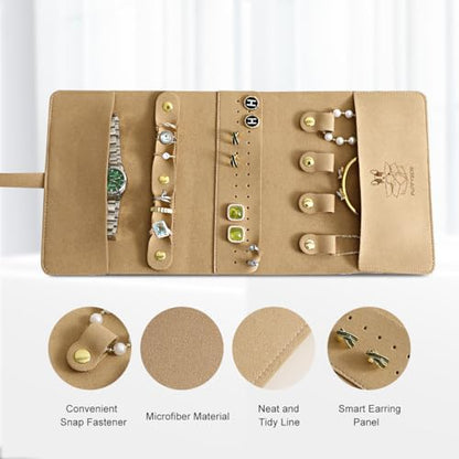 Microfiber Travel Jewelry Storage Roll Jewelry Storage Bag Jewelry Roll Suitable for daily and travel use, large capacity, light and easy to carry (Khaki)