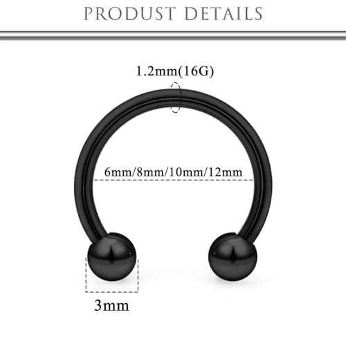Hoeudjo 16G Horseshoe Septum Rings with Ball Grabber Tool Hypoallergenic Surgical Steel Septum Piercing Jewelry Lip Rings for Women Men Diameter 6mm 8mm 10mm 12mm - color: black