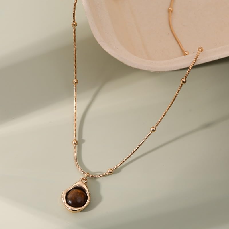 2pcs Retro Temperament Layered Tiger Eye Stone Pendant Necklace For Women Stainless steel Double-Layer Collarbone Chain Sets