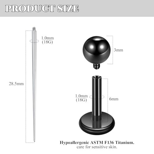 Xpircn ASTM F136 Titanium Flat Back Stud Earrings Internally Threaded Labret Monroe Lip Nose Studs Tragus Helix Conch Cartilage Piercing Jewelry for Women - color: 18G 6MM Bar,3MM Ball,Black