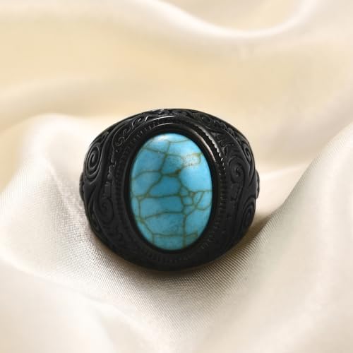 Retro Large Tiger Eye Stone Turquoise Wedding Ring For Men Classical Gothic Stainless Steel Rings - color: Black-Turquoise2