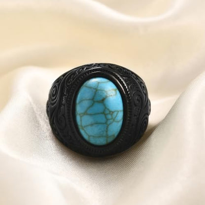 Retro Large Tiger Eye Stone Turquoise Wedding Ring For Men Classical Gothic Stainless Steel Rings - color: Black-Turquoise2