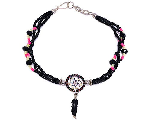 Mia Jewel Shop Dream Catcher Feather Charm Dangle Seed Beaded Multi Strand Anklet - Womens Southwest Fashion Handmade Jewelry Boho Accessories - color: Black/Beige/Salmon-Pink
