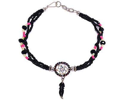 Mia Jewel Shop Dream Catcher Feather Charm Dangle Seed Beaded Multi Strand Anklet - Womens Southwest Fashion Handmade Jewelry Boho Accessories - color: Black/Beige/Salmon-Pink