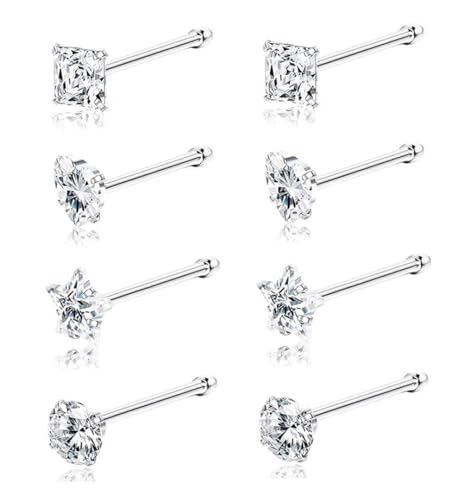 SEEDRILL 8Pcs 20G Nose Rings studs for Woman Hypoallergenic Nose Studs 316L Surgical Steel with Gold Plated Nose Piercings Jewelry 3mm CZ L Shape Nose Rings 20 Gauge Nose Stud Nose Screw Studs - style: 8Pcs/20G/3mm CZ/Straight Bar/Silver