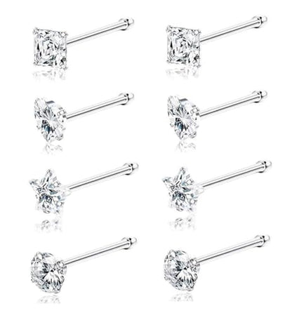 SEEDRILL 8Pcs 20G Nose Rings studs for Woman Hypoallergenic Nose Studs 316L Surgical Steel with Gold Plated Nose Piercings Jewelry 3mm CZ L Shape Nose Rings 20 Gauge Nose Stud Nose Screw Studs - style: 8Pcs/20G/3mm CZ/Straight Bar/Silver
