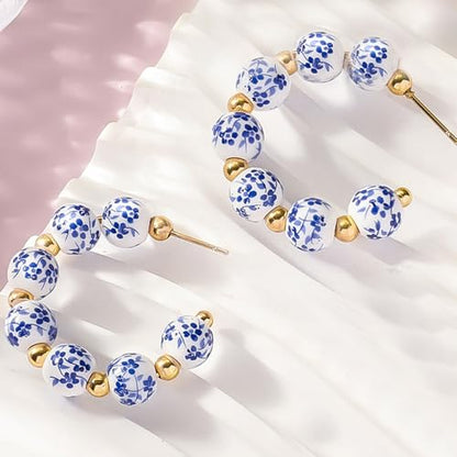 3PCS Bow Beaded Jewelry Set for Women Vintage Handmade Flower Blue And White Porcelain Enamel Ribbon Necklace Bracelet and Earrings Bow Christmas Birthday Holiday Charm Romantic Jewelry Gifts - style: Style C
