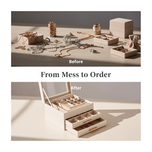Jewelry Box Organizer with Glass Lid, 3-Layer with Double Drawers, Luxury Velvet Lined Desktop Display Case for Earrings Rings Necklaces, Gift for Women Girls (White)