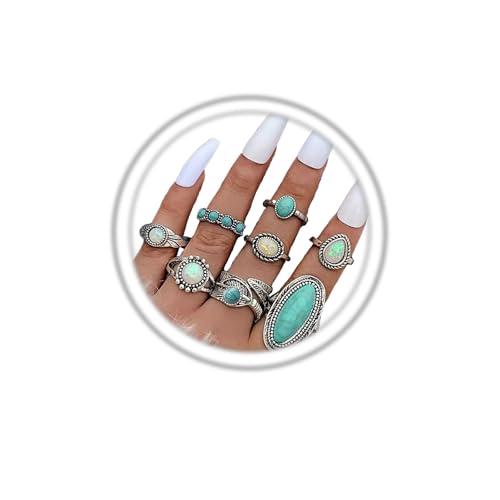 Bohemian Turquoise Ring Set for Women,Vintage Western Rings Chunky Turquoise Opal Stackable Knuckle Ring Set Punk Midi Finger Ring Pack Boho - style: Ring set-A