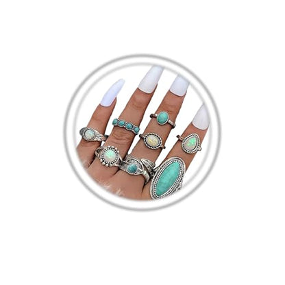 Bohemian Turquoise Ring Set for Women,Vintage Western Rings Chunky Turquoise Opal Stackable Knuckle Ring Set Punk Midi Finger Ring Pack Boho - style: Ring set-A