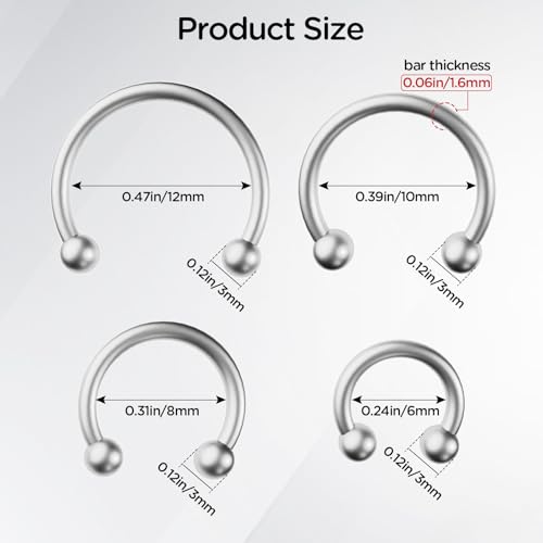 8 PCS 16G Surgical Steel Horseshoe Nose Septum Earrings Eyebrow Lip Retainer Spiral Tragus Puncture Rings 6-12mm for Women Men - color: Silver