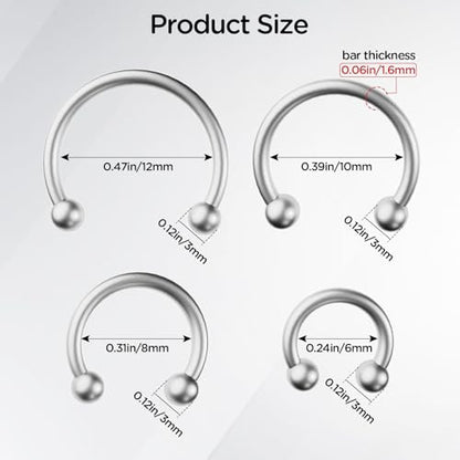 8 PCS 16G Surgical Steel Horseshoe Nose Septum Earrings Eyebrow Lip Retainer Spiral Tragus Puncture Rings 6-12mm for Women Men - color: Silver