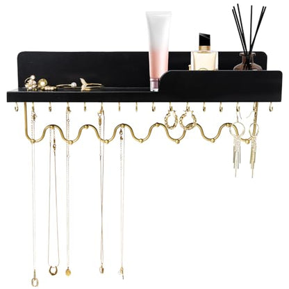 Hanging Jewelry Organizer with 29 Hooks and Cosmetics Shelf, Modern Wood Wall Mounted Jewelry Holder for Necklaces, Bracelets, Earrings and Rings, Black - color: Black