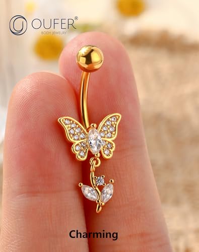 OUFER Gold Belly Button Ring, 14G Butterfly Dangle Belly Button Piercing, Pave Clear CZ Belly Rings, 316L Surgical Steel Navel Belly Piercing Jewelry For Women - style: Leaf Dangle