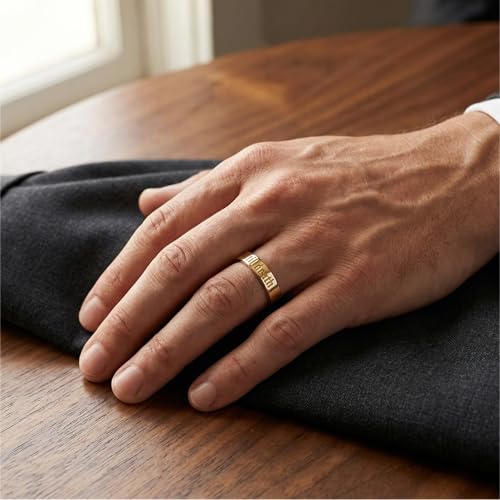 Men's Wedding Rings Mountain Range Pattern Engraved Silver Flat Band 8mm 316 Stainless Steel Men Ring Comfort Fit - color: Rose Gold