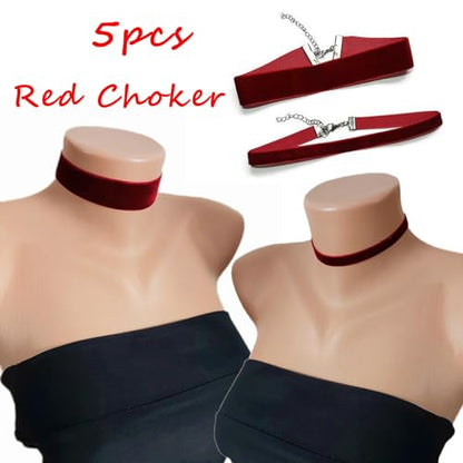 Ronglry 3pcs Black Choker Necklace for Women Black Velvet Choker Set Layered Black Choker Necklaces Classic Chokers for Women Adjustable Gothic Lace Black Collar Necklace for Party Cosplay Christmas Birthday Jewelry Gifts - color: Red 5pcs