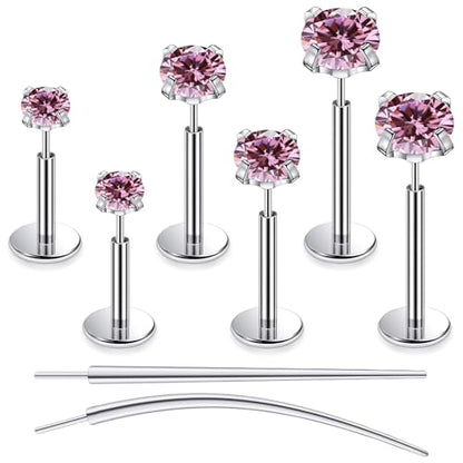 F136 Titanium 20/18/16G Earrings Nose Lip Rings Medusa Tragus Cartilage Helix Labret Flat Back Threadless Implant Grade Stud Piercing Jewelry for Women - color: Pink CZ, size: 16g*6/8/10mm*2/3/4mm