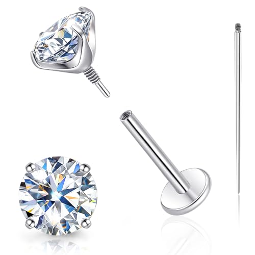 Limerencia Moissanite Internal Thread 18G Titanium Earrings, Hypoallergenic F136 Titanium Flat Back Piercing Studs, VVS1 Lab-created Moissanite Studs for Women Men Tragus Helix Cartilage Conch Labret - color: Silver, size: 6mm-1.6ct(0.8ct Each)