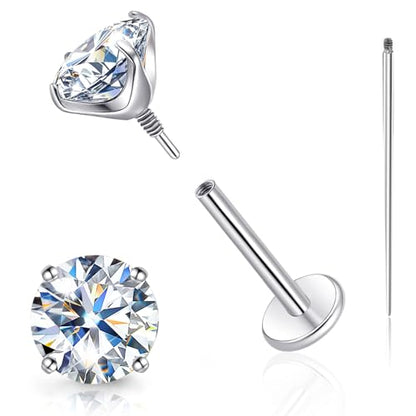 Limerencia Moissanite Internal Thread 18G Titanium Earrings, Hypoallergenic F136 Titanium Flat Back Piercing Studs, VVS1 Lab-created Moissanite Studs for Women Men Tragus Helix Cartilage Conch Labret - color: Silver, size: 6mm-1.6ct(0.8ct Each)
