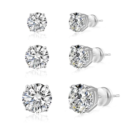 CoBi Cubic Zirconia Earrings for Women, 3 Pairs CZ Stud Earring Set, 4, 6, 8 mm, Small Minimalist Earring, Everyday Wear Jewelry, Fashion Accessories, Hypoallergenic, Ideal Gift