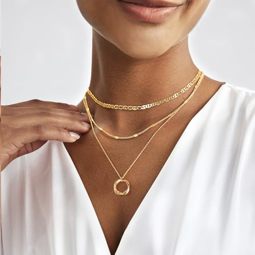 Airmb Gold Layered Necklaces for Women 14k Gold Plated Dainty Stackable Choker Necklaces for Women Trendy Layering Chain Cute Pendant Necklace Set Gold Jewelry for Women - color: Gold-Circle Pendant-Mariner Chain