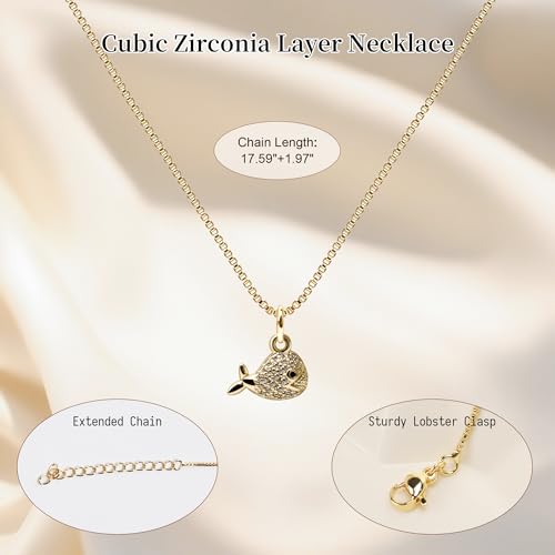 Dainty Gold Necklace for Women, 14K Gold Plated Cubic Zirconia Pendant Necklace, Dainty Fish Sea Turtle Pendant Necklace Ocean Beach Cute Trendy Gold Jewelry Necklaces for Women Gift - style: Fish A