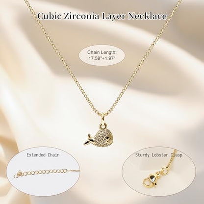 Dainty Gold Necklace for Women, 14K Gold Plated Cubic Zirconia Pendant Necklace, Dainty Fish Sea Turtle Pendant Necklace Ocean Beach Cute Trendy Gold Jewelry Necklaces for Women Gift - style: Fish A