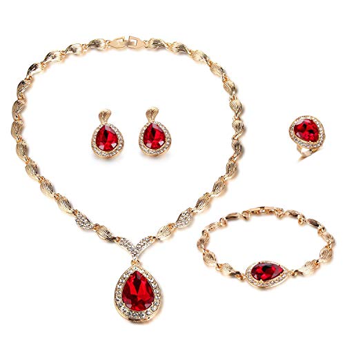 Womens Luxury Africa Dubai 18k Gold Plated Jewelry Sets Wedding Rhinestone Crystal Bib Statement Necklace Earrings Set for Brides Party Prom - color: Red